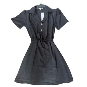 Womens Short Sleeve Button Dress Small Belted Black Pinup Goth Dark Academia